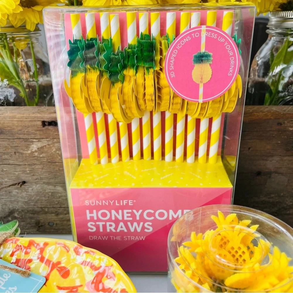 Sur La Table•NWT,4-Appetizer Plates +Pineapple Party Bundle~Straws,Napkins,Picks